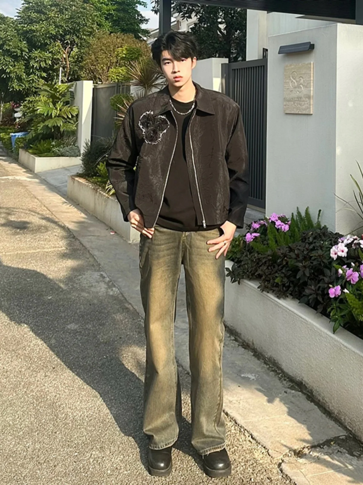 

Washed out Clay Color Men's Straight Leg Jeans Spring Autumn Clean Fit American Retro High Street Vibe Casual Cotton Denim