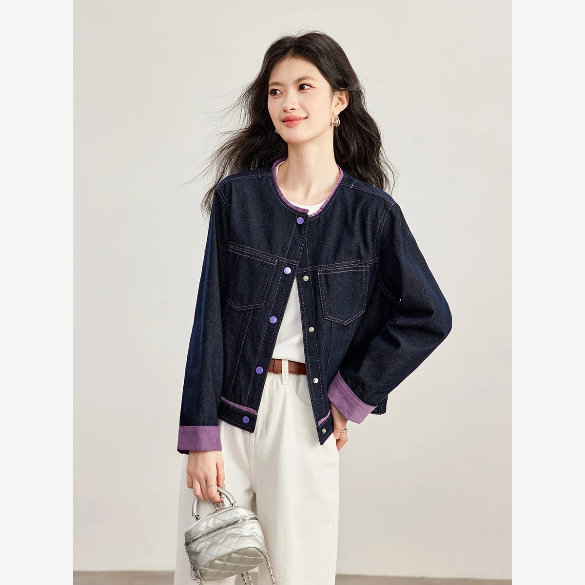 VIMLY Vintage Color Block Denim Jacket for Women Autumn Elegant Casual Coat Fashion Loose-fit Long Sleeve Outwear Female 31819