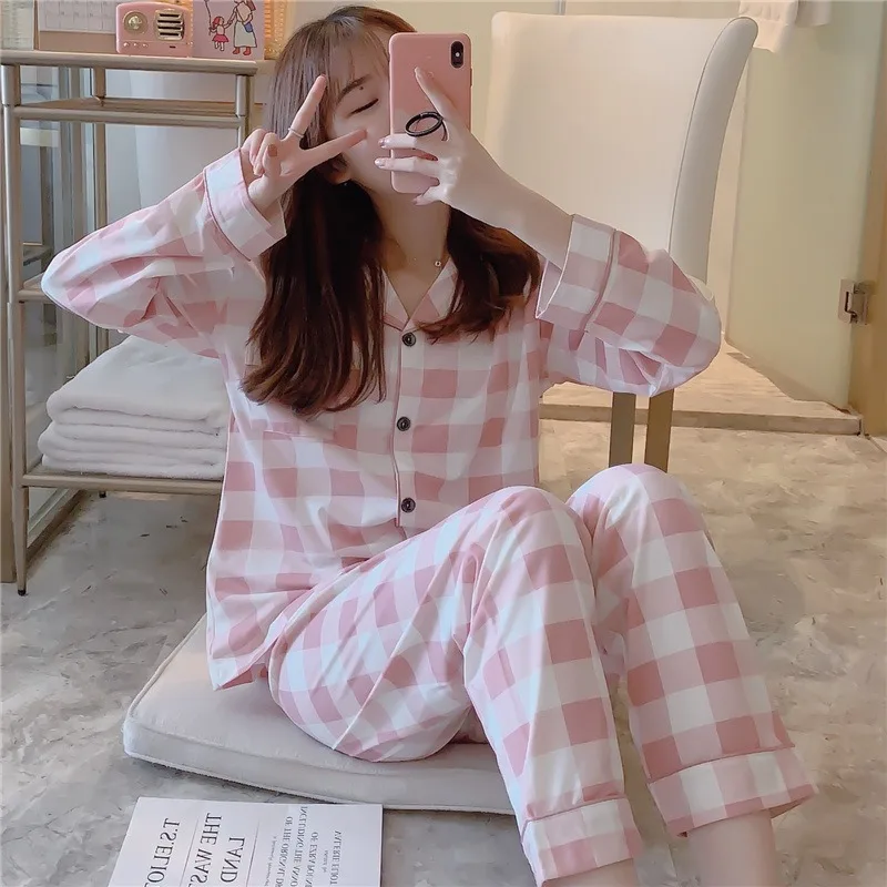 Women Spring Autumn Pajama Set Girl Korean Loose Long Sleeve Pants Student-Friendly Outwear Homewear Casual Two-Piece Set Ladies