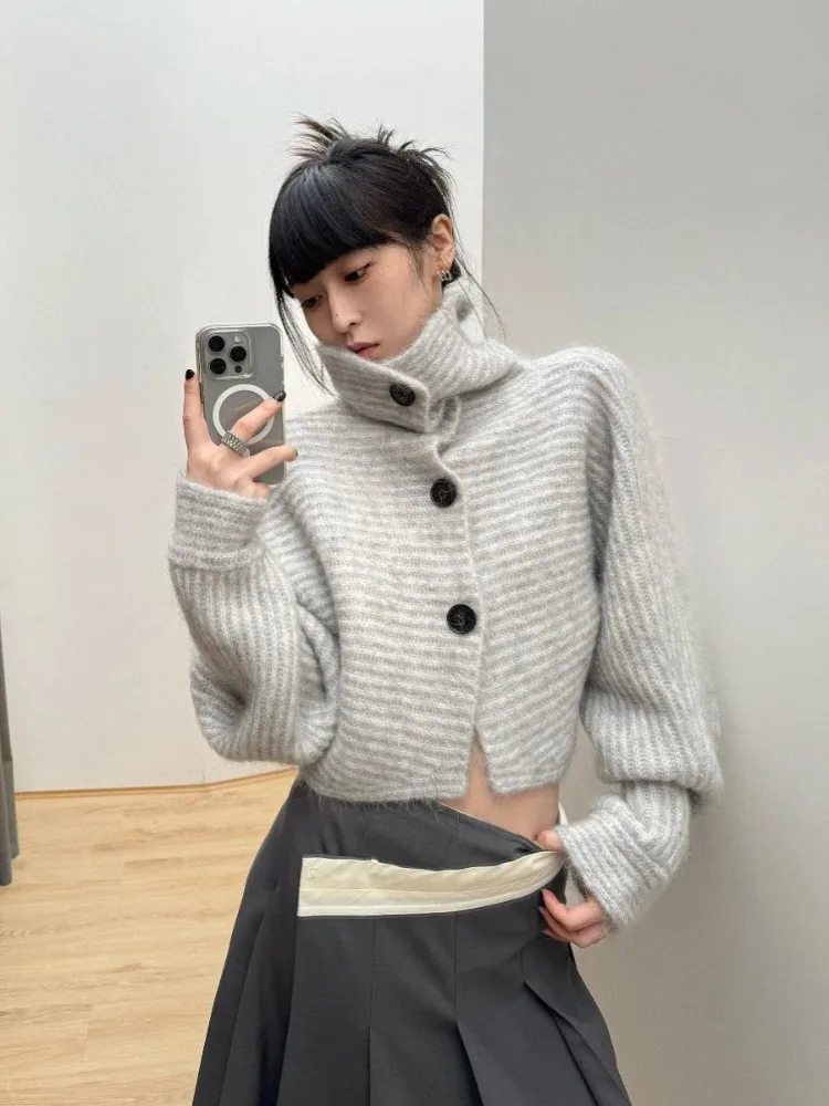 Deeptown Gray Turtleneck Knitted Cardigan Harajuku Korean Style Cropped Sweaters Gyaru Y2k Vintage Striped Loose Knitwears Basic