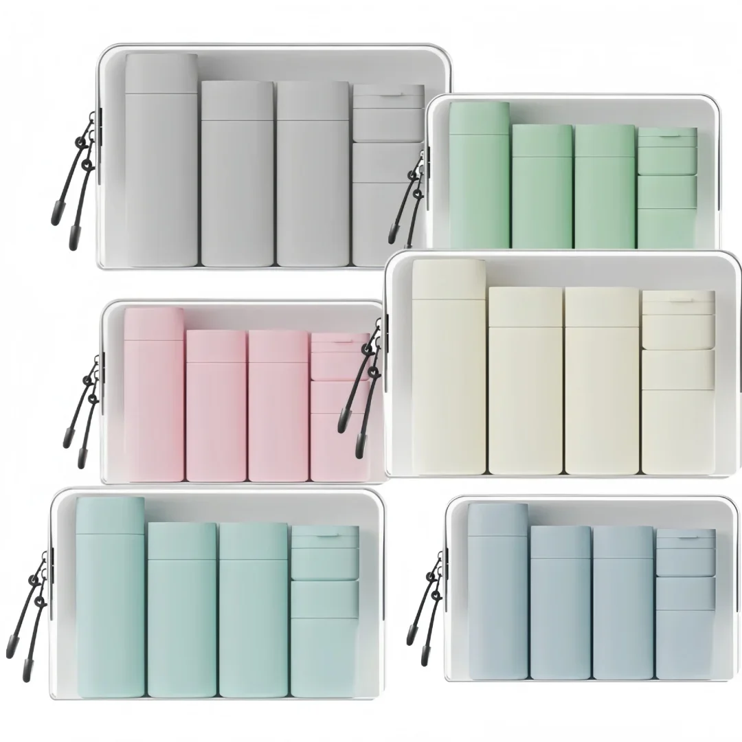 Reiseflaschen-Set, zusammendrückbare Silikonbehälter, nachfüllbares Reisezubehör für Spülung, Shampoo, Lotion und Körper