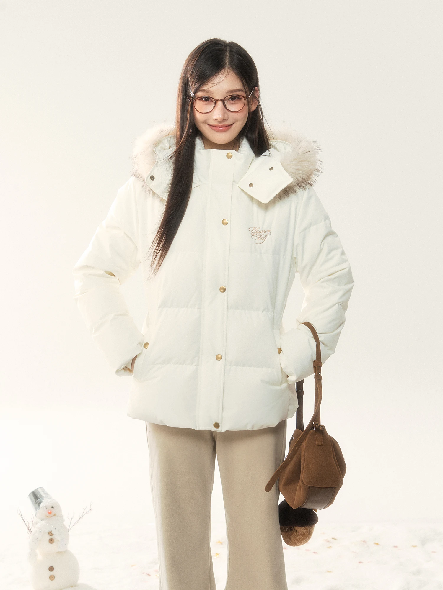 

Korean Sle White Du down Jaet Women's Thiened ort Coat High Waist Warmth Bfle ket Non Detachable Hood