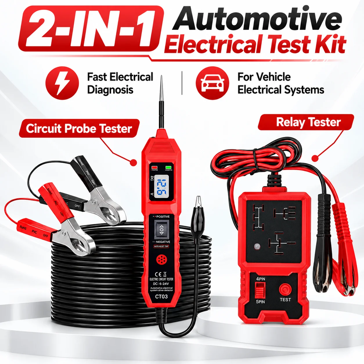 CT03 2-in-1 Automotive Circuit Tester and Relay Tester Kit 6-24V Voltage Probe 12V Car Electrical Diagnostic Tool