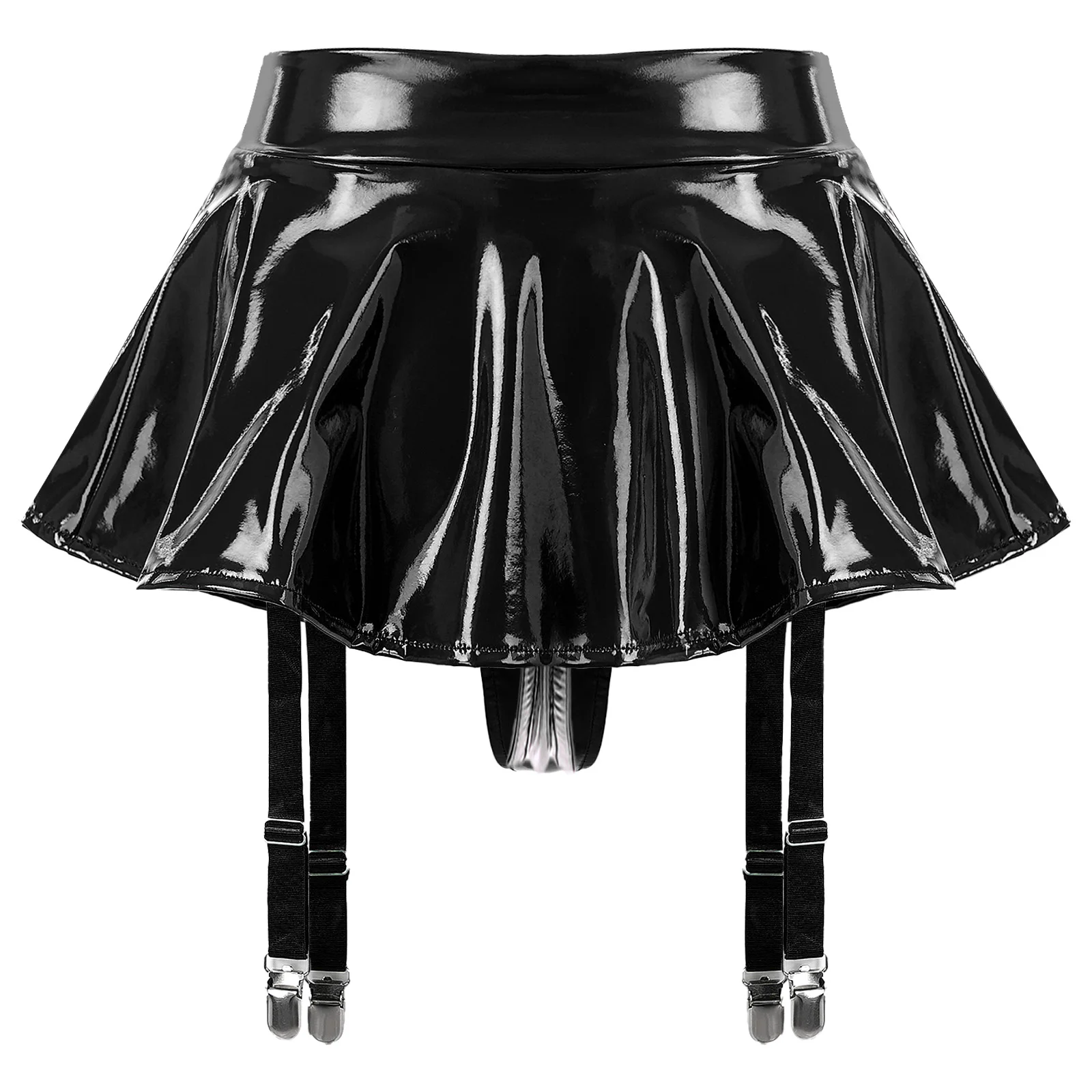 Womens Wet Look Patent Leather Latex Wire-free Open Cup Bra Top Ruffle Built-in Thongs Garter Belt Mini Skirts Sexy Lingerie Set