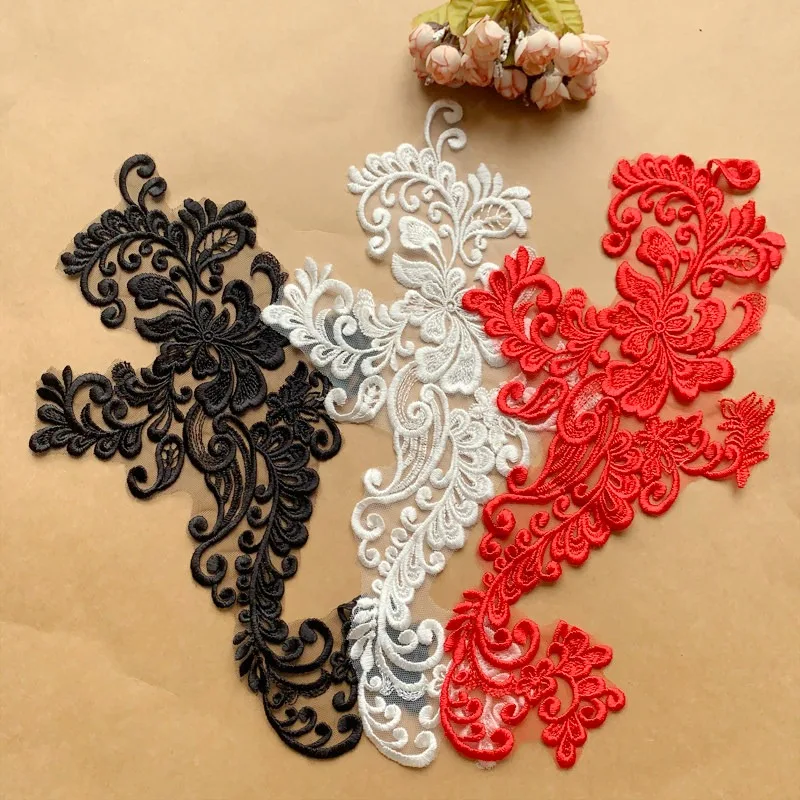 New European Style Embroidered High Quality Rayon Black Red Rice White Lace Pair Flowers Garment Accessories Set For Wedding