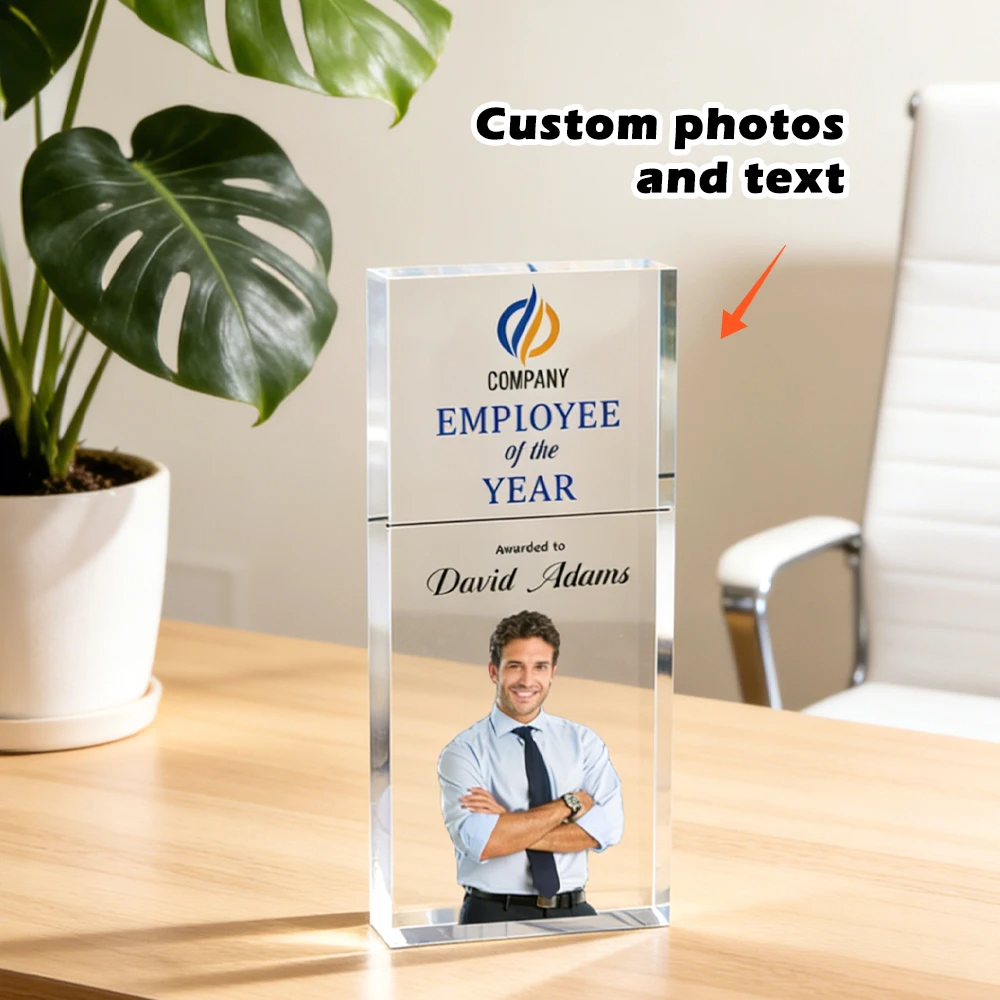 Custom Printed Photo Engraved Text Acrylic Award Plaque, Employee Of The Year Trophy, Business Commemoration Souvenir Gift