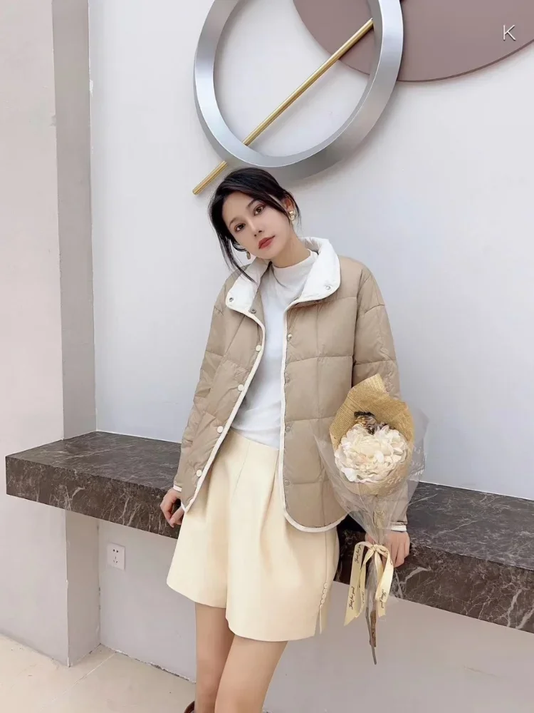 Winter Clothes for Women Single Breasted Duck Down Puffer Jacket Casual Light Puffer Sweet Warm Loose Stand Collar Short Parkers