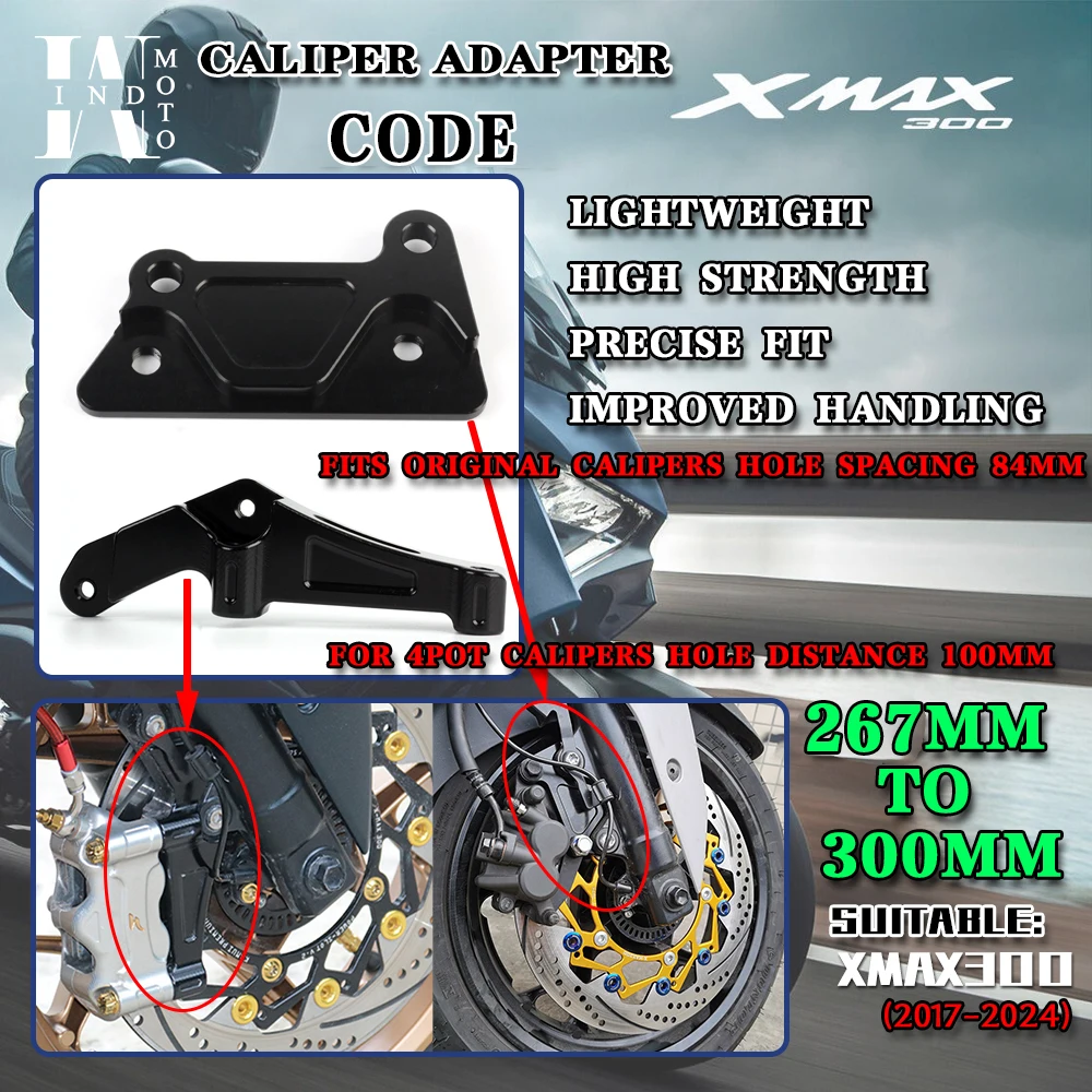 Код адаптера переднего суппорта для YAMAHA XMAX300, 300 мм, дисковый тормозной диск, подходит для оригинального 2POT, модифицированного суппорта 100 мм, 4POT