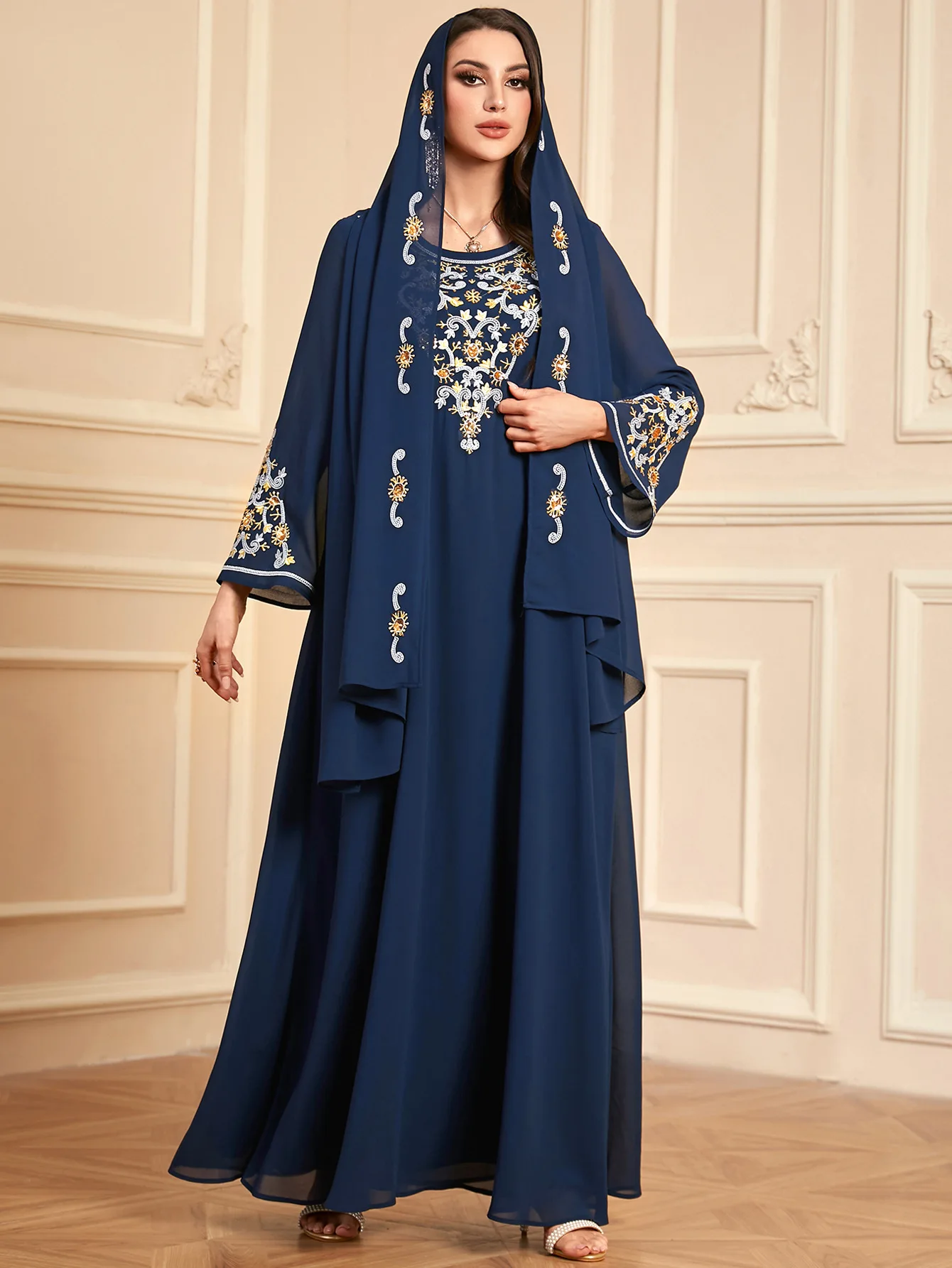 

Chiffon 2pcs Set Muslim Dress with Hijab Women Abaya Robe Embroidery Jalabiya Ramadan Caftan Marocain Femme Djellaba Gown Kaftan