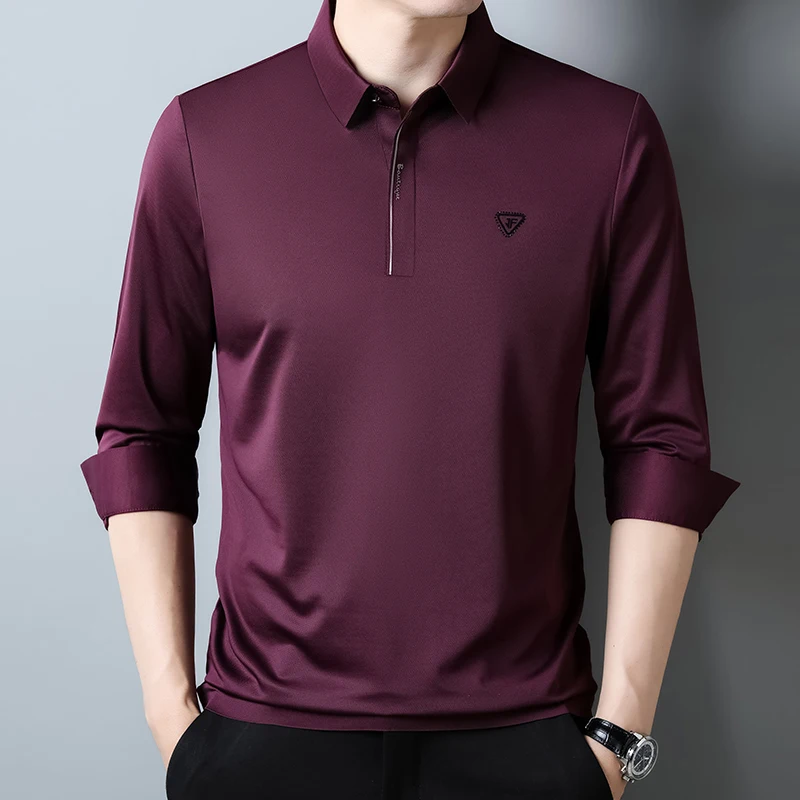 High Quality Autumn Winter Polo Shirts for Men Elasticity Long Sleeve Business Casual Collar T-Shirts