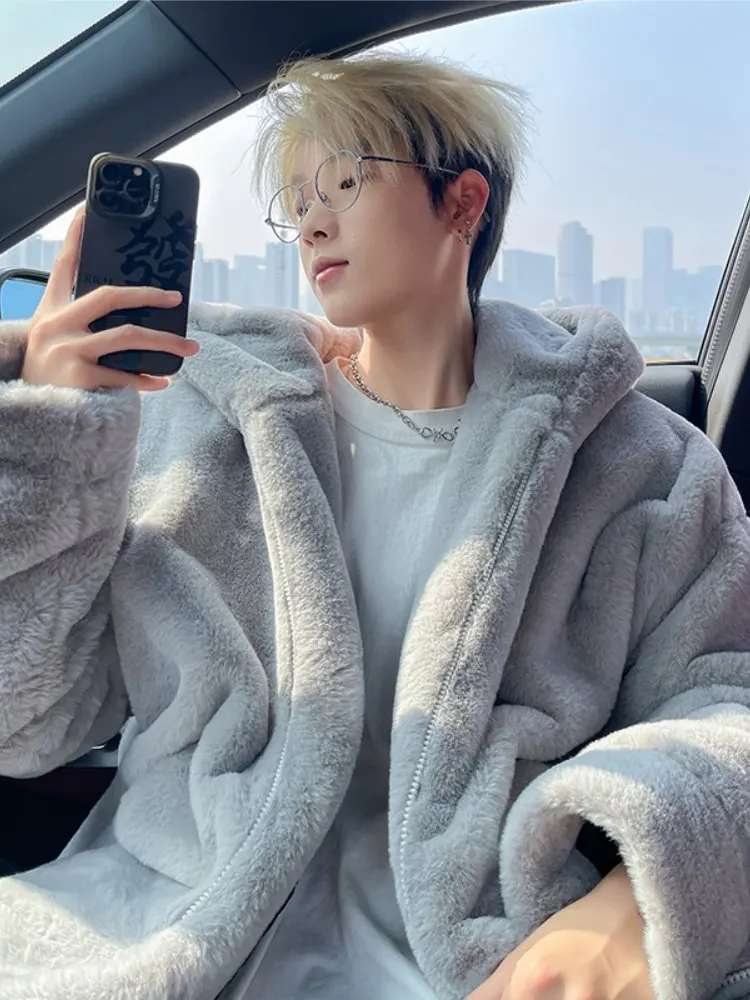 

Мужская зимняя теплая куртка из хлопка с подкладкой из овечьего меха, модное пальто с имитацией кроличьего меха, молодежное повседневное пальто с длинными рукавами на молнии