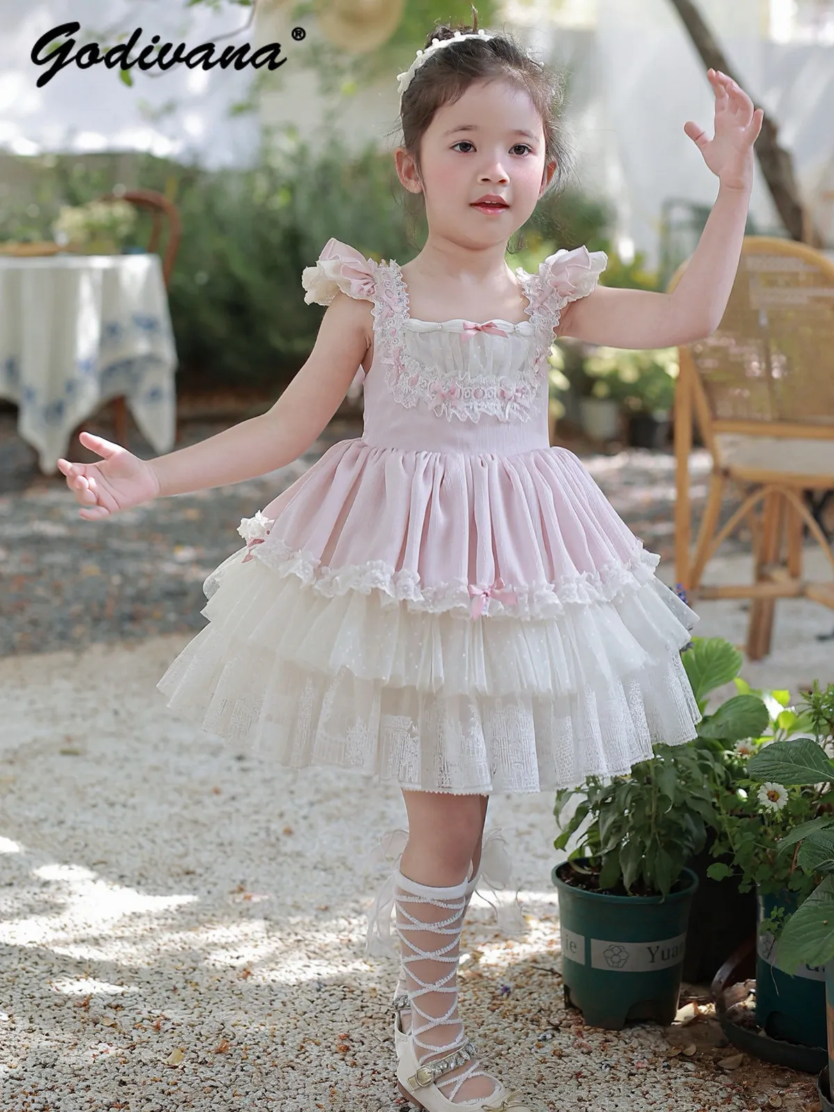 Original Baby Girls Sweet Ballet Pink Lolita Tutu Princess Dress 2026 New Summer Kids Feifei Sleeve Lace Trim Mesh Ball Gown