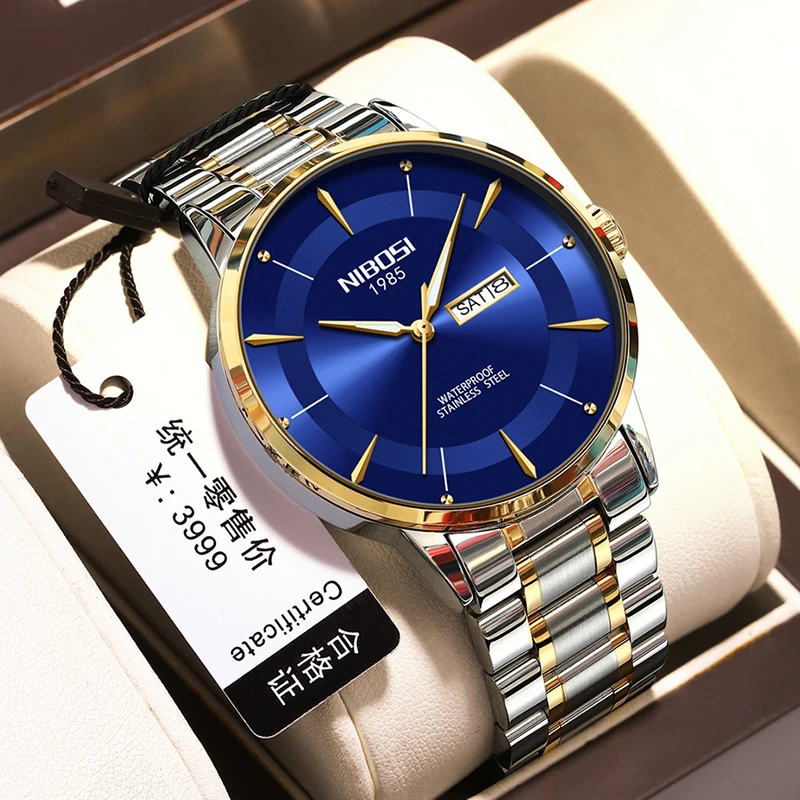 NIBOSI-reloj analógico de acero inoxidable para hombre, accesorio de pulsera de cuarzo resistente al agua con calendario, complemento Masculino de