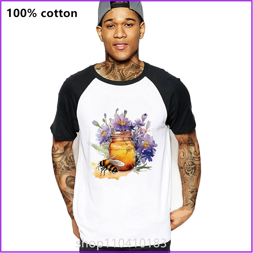 Bee And A Jar Of Honey With A Purple Wisteria Flowers T Shirts For Men'S Women Tshirt T-Shirt Clothes Streetwear Gym Plain Whole