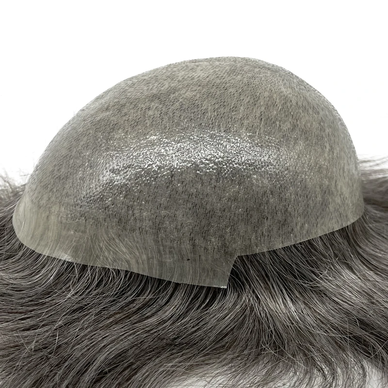 Grey Hair V looped Remy Human Hair Thin PU Toupee Thin Skin Base Hair Piece For Men