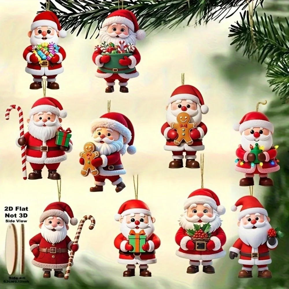 10 Pieces Set 2D Design Christmas Hanging Ornaments Wooden Candy Cane Design Holiday Pendant Decoration Santa Claus Ornaments