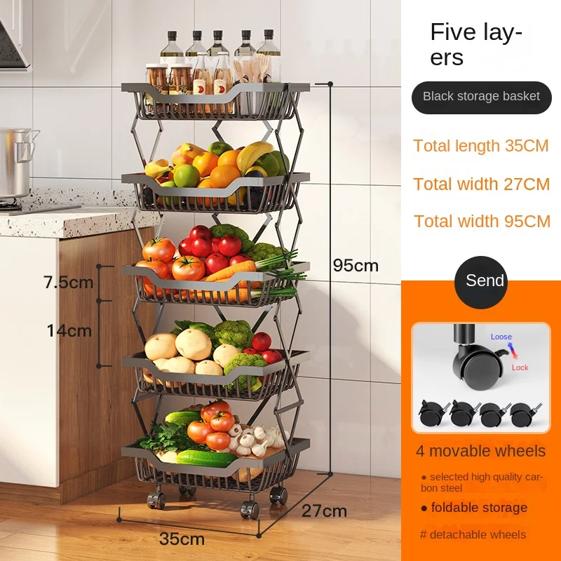 Five Floor Floor Rotating Multi-layer Kitchen Supplies Storage Rack Folding Black Carbon Steel Fruit And Vegetable Seasoning Rac