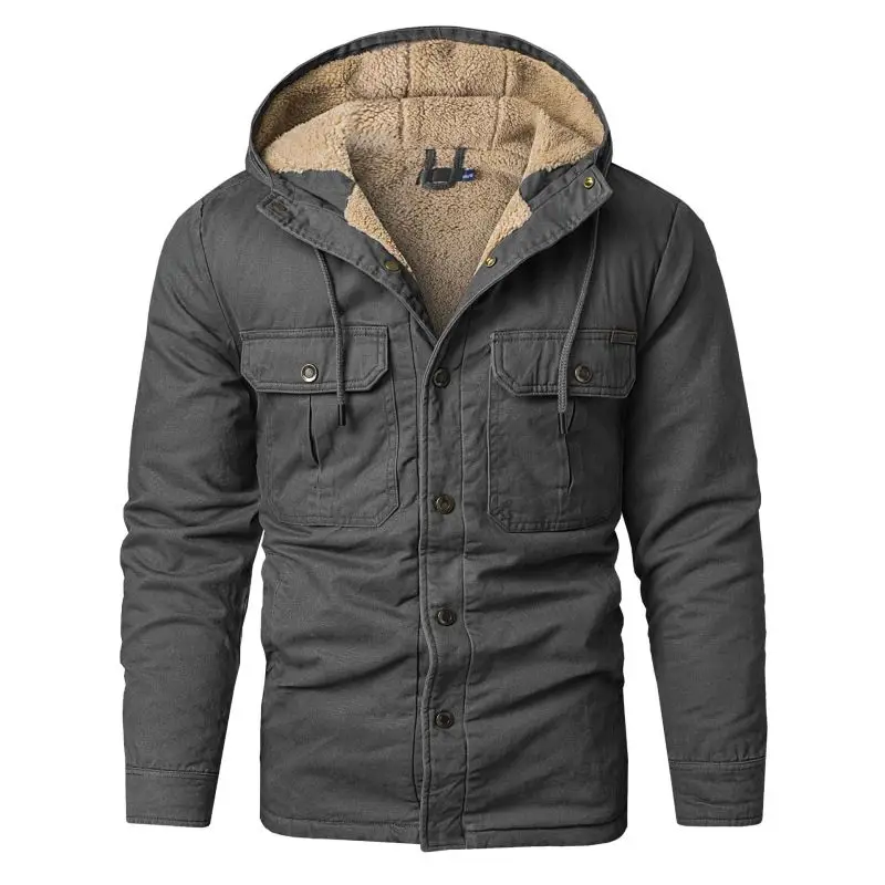 

Winter Men's Multi Pocket Oversized Thick Hooded Mid Length Cotton Jacket