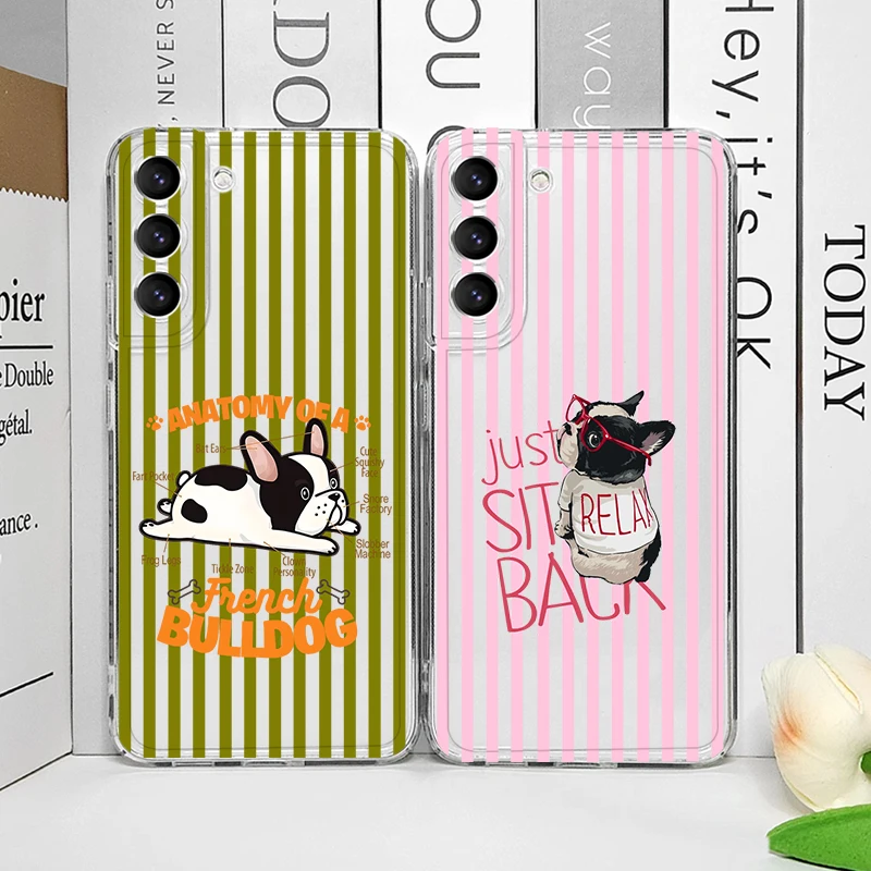 Pink Striped Cute Pug Dog French Bulldog Phone Case for Samsung A57 A14 A16 A36 A55 A54 A53 A52 A51 A37 A56 A17 Clear Soft Cover