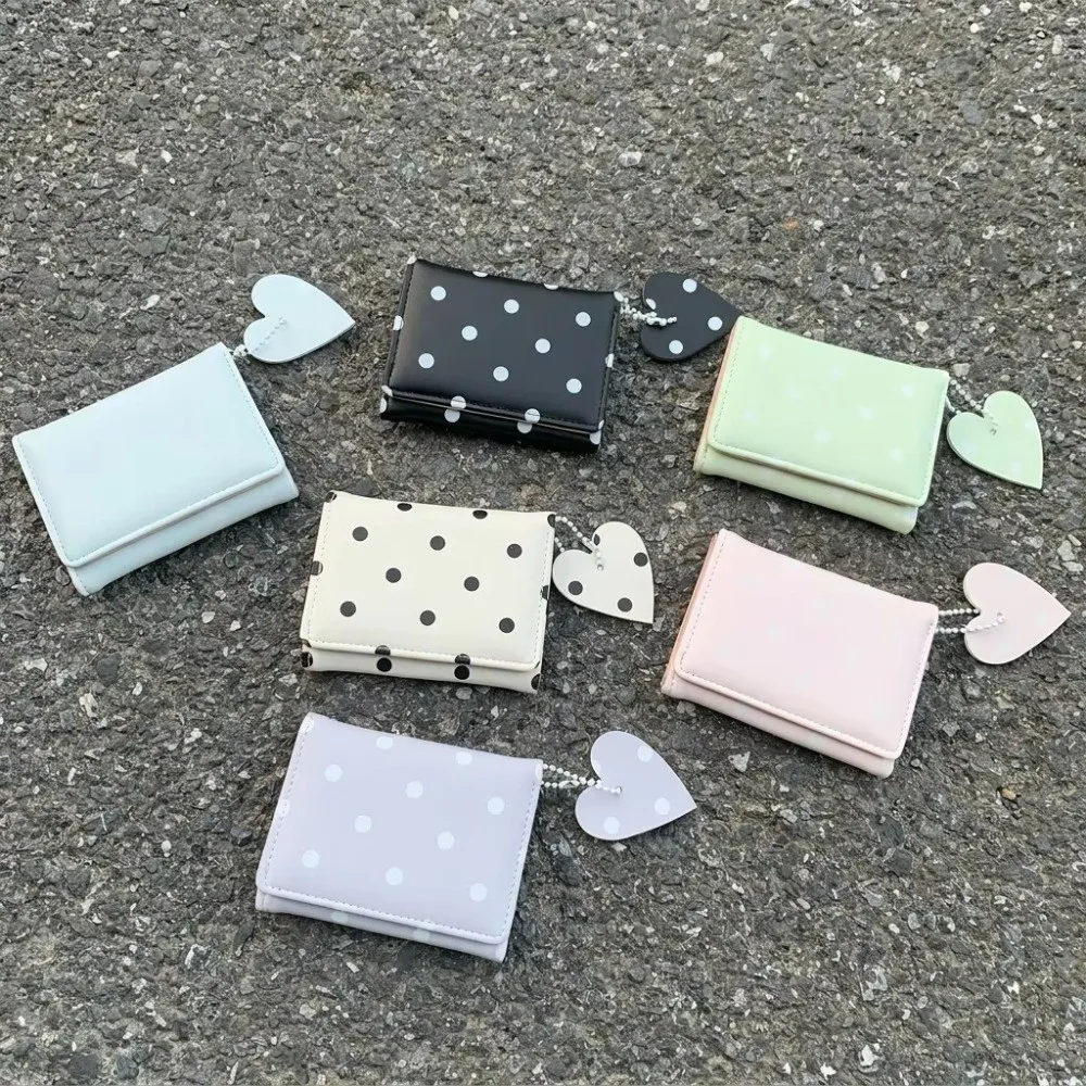 Sweet Sweet Trifold Polka Dot Wallet Multi-functional Heart Pendant PU Card Holder Lightweight Portable Coin Purse Casual