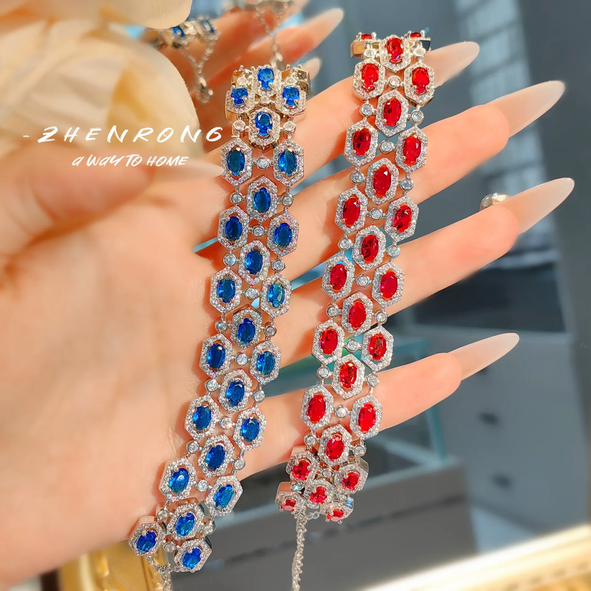 Foydjew Exquisite Luxury Blue Cobalt Spinel/Red corundum Bracelets Women's Silver Color Wide Face 16+3cm Chain Bracelet