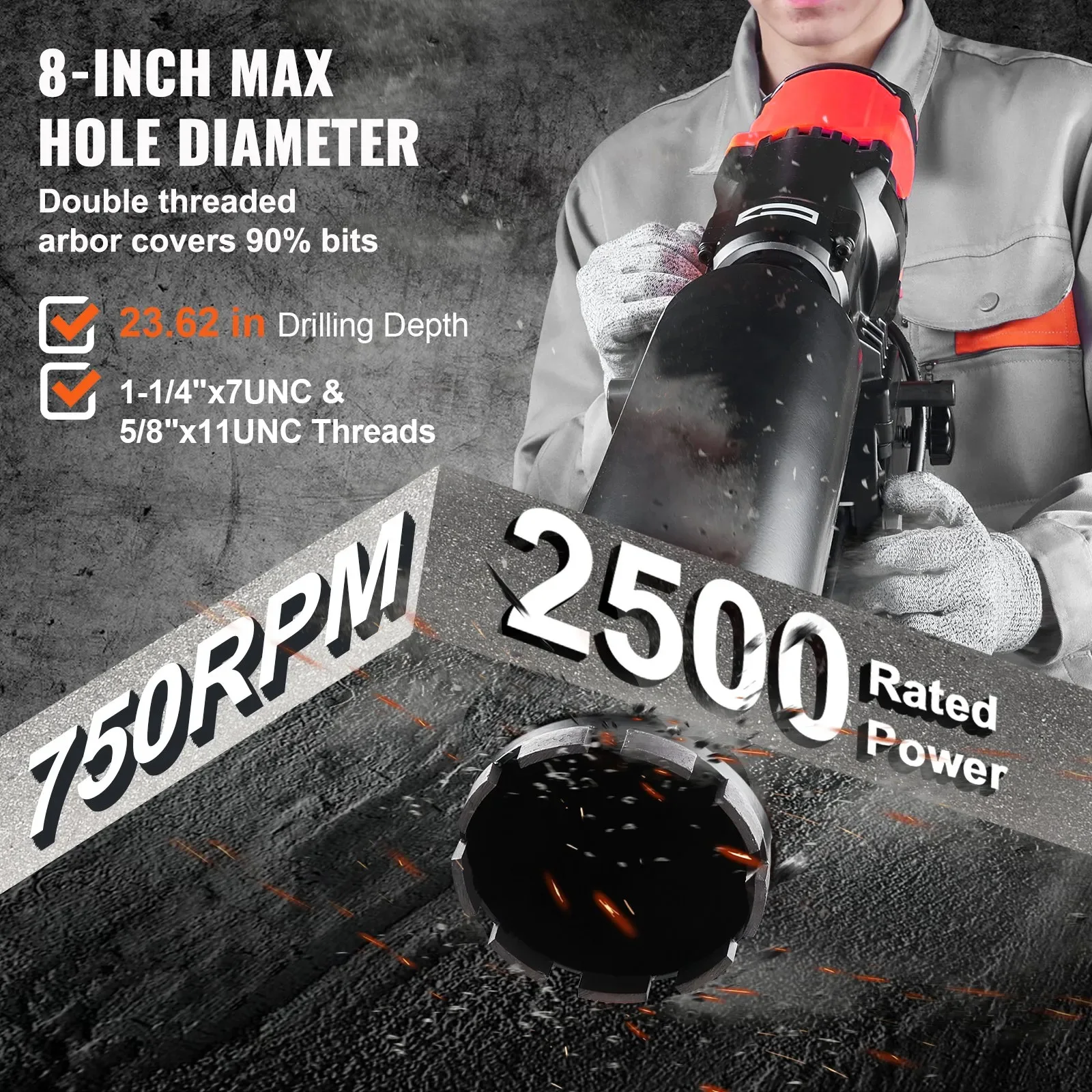 

SIHAO 2500W Diamond Core Drilling Machine Drilling Diameter Handheld Dry and Wet Concrete Core Drill Rig with 750RPM Speed