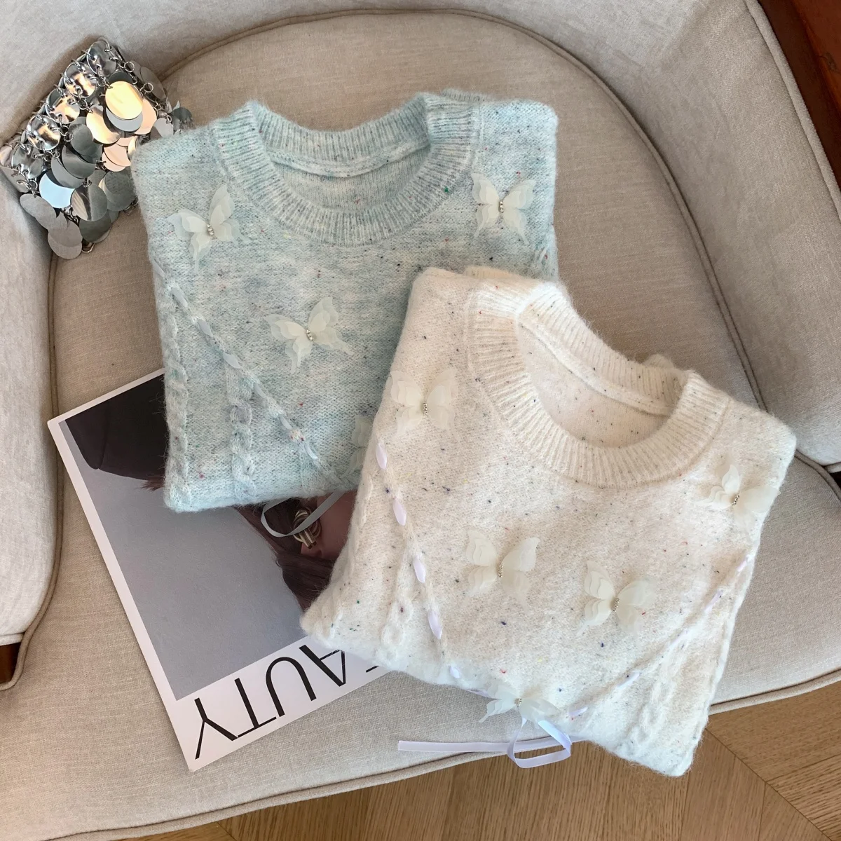 المرأة الضوء الأزرق البلوز سترة Y2k خمر 2000s البلوز متماسكة طويلة الأكمام س الرقبة فراشة سترة للنساء الخريف الشتاء #5