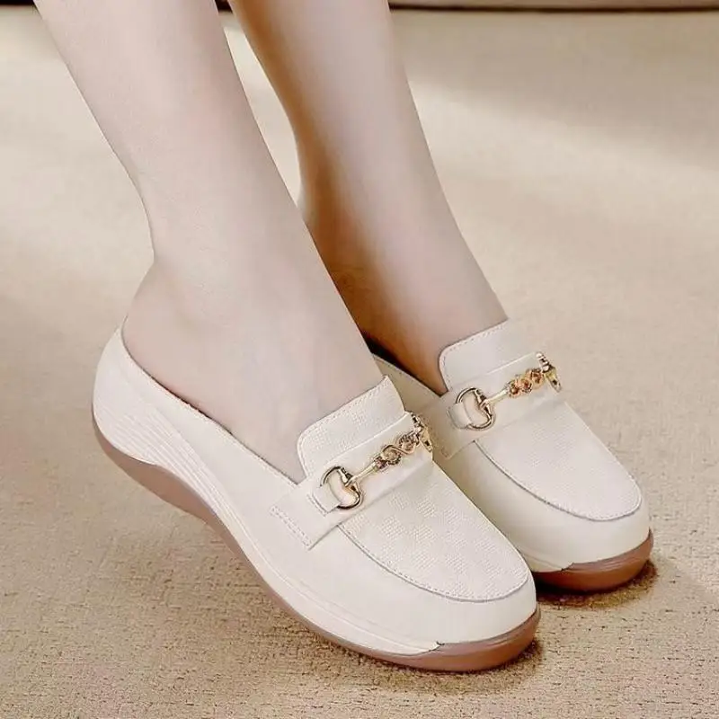 Wedge Platform Mules, Metal Buckle Closed-Toe Slides, Casual Versatile Comfortable Outdoor Slippers for Women