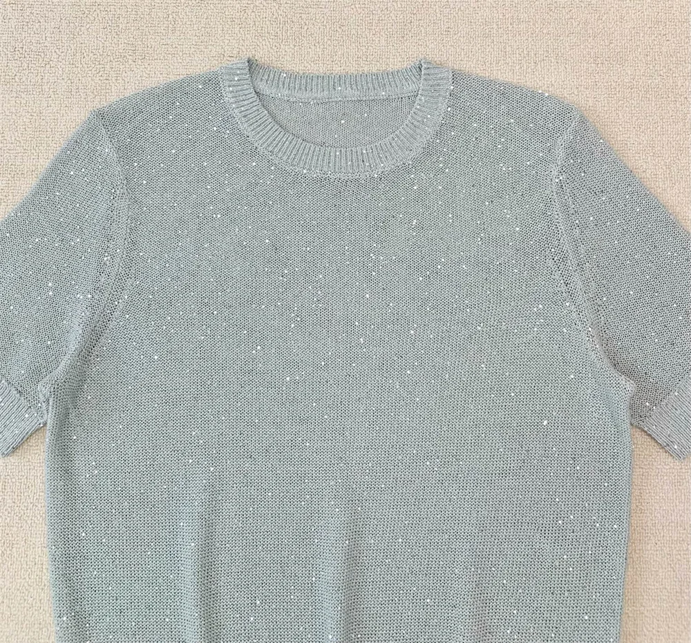 Women's Heavy-Duty Sequin Knit Short-Sleeved T-Shirt Top