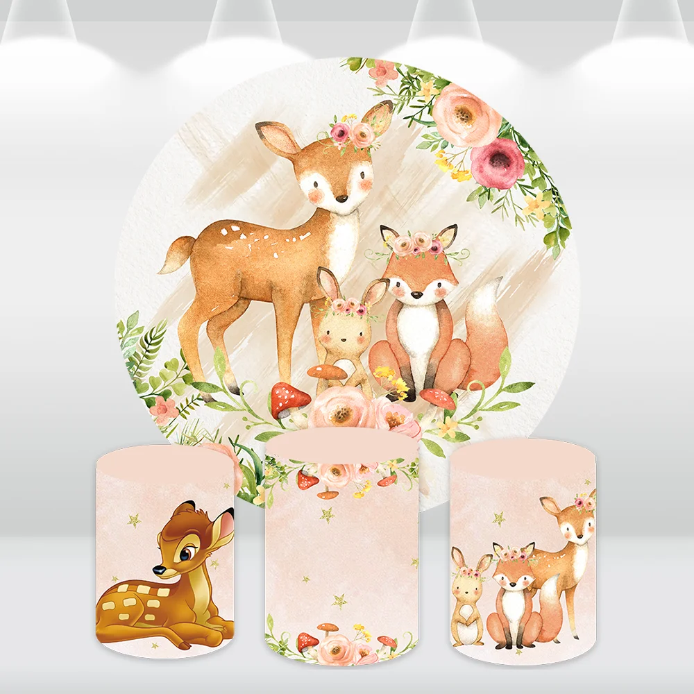 Fondo redondo para fiesta de bosque, cubierta de animales de dibujos animados, zorro, ciervo, niños, Baby Shower, fondo circular, fotografía, pancarta de mesa de pastel