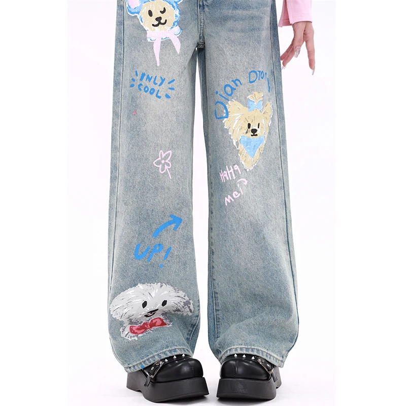 Spring and Autumn New Blue Jeans Women American Graffiti Loose Casual Wide-leg Pants Female Cute Versatile Denim Pants