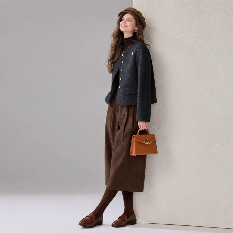 Women's Round Collar Cropped Jacket, Decorative Gold Button Front Pocket Fall Winter Outerwear