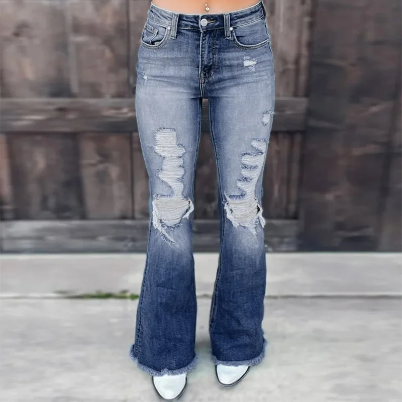 Women's Jeans High Waist Slimming 2024 New Comfortable Ripped Stretch Denim Flared Pants