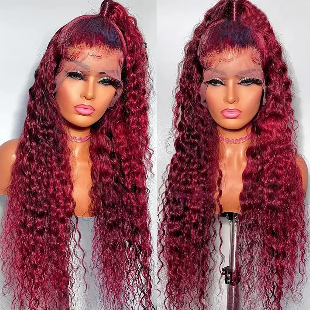 250% Density 30 Inch Water Wave 99J Burgundy 13x4 HD Lace Frontal Wig For Women Deep Wave Transparet Lace Front Human Hair Wigs