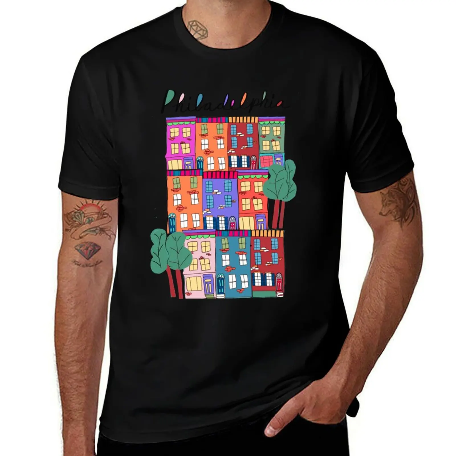 

Philly row homes T-Shirt rapper graphic tees T-shirts oversize graphic t shirts cotton t shirt men