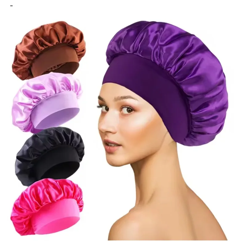 1pcs Soft Silk Satin Lined Bonnet Large Satin Hair Bonnet Household Sleep Shower Cap Hair Wrap Cover for Long Hair Salon Tools