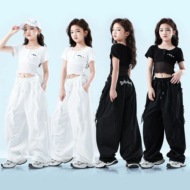 Kid Kpop Hip Hop Clothing White Black Strap Crop Top T Shirt Casual Sweat Parachute Pants for Girl Jazz Dance Costumes Clothes