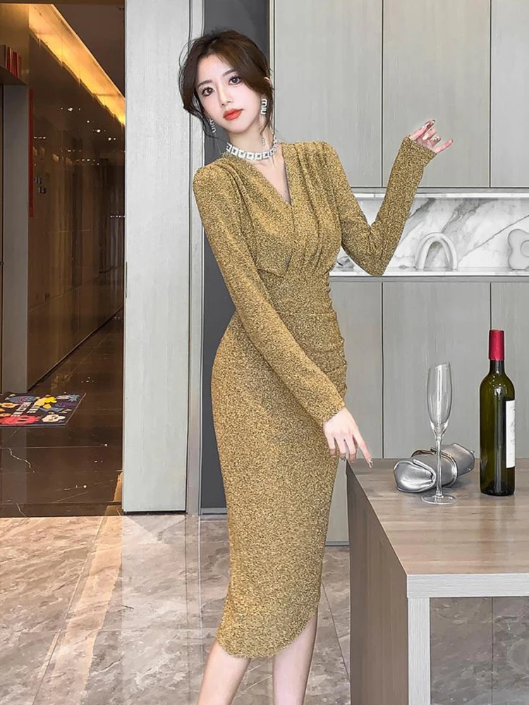 Women Clothes Casual Glitter Shiny Gold V-Neck Folds Slim Asymmetrical Dress Elegant Evening Party Birthday Vestidos Spring New