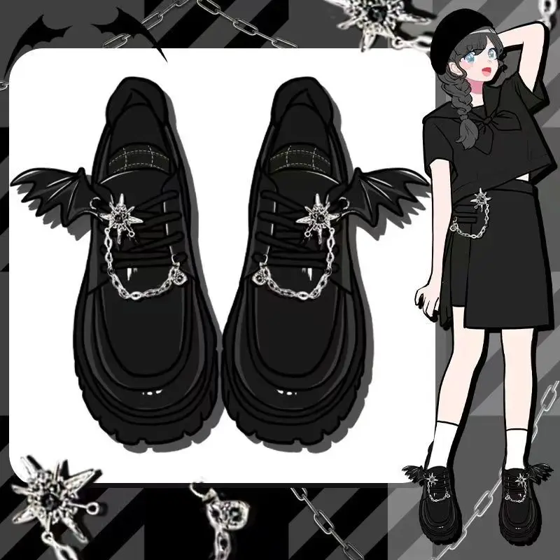 

2026 Punk Wind Fashion Single Shoes New Devil Bat Wings Gothic Women's Shoes Thick Bottom Waterproof Platform Metal Chain