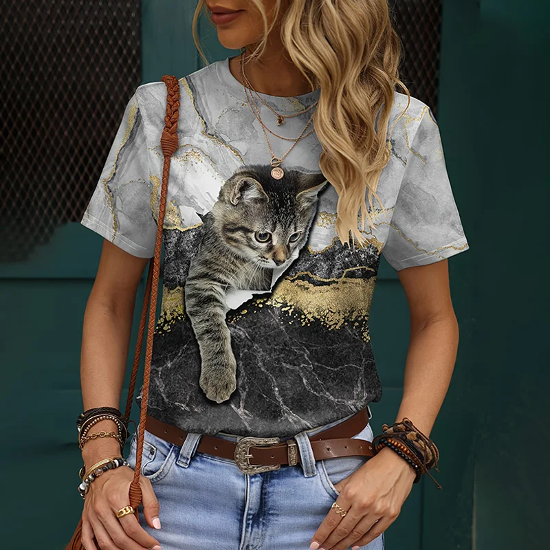 2024 New Women's Crew Neck Short Sleeve T-shirt Printed 3D Cute Kitten Summer Casual Breathable Refreshing Top Short Sleeve