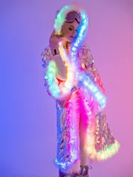 Women's LED Sequin Faux Fur Coat Long Hooded Festival & Cosplay Outfit Powered, Flare Sleeves Sequin Embellished LED Lit Jacket