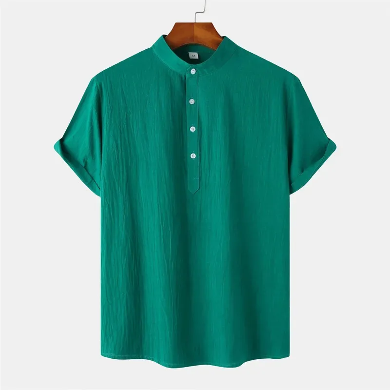 

Male Casual Shirt Top Solid Top Loose Shirt Short Sleeve Stand Button Shirt New Men'S Tooth Up Collar