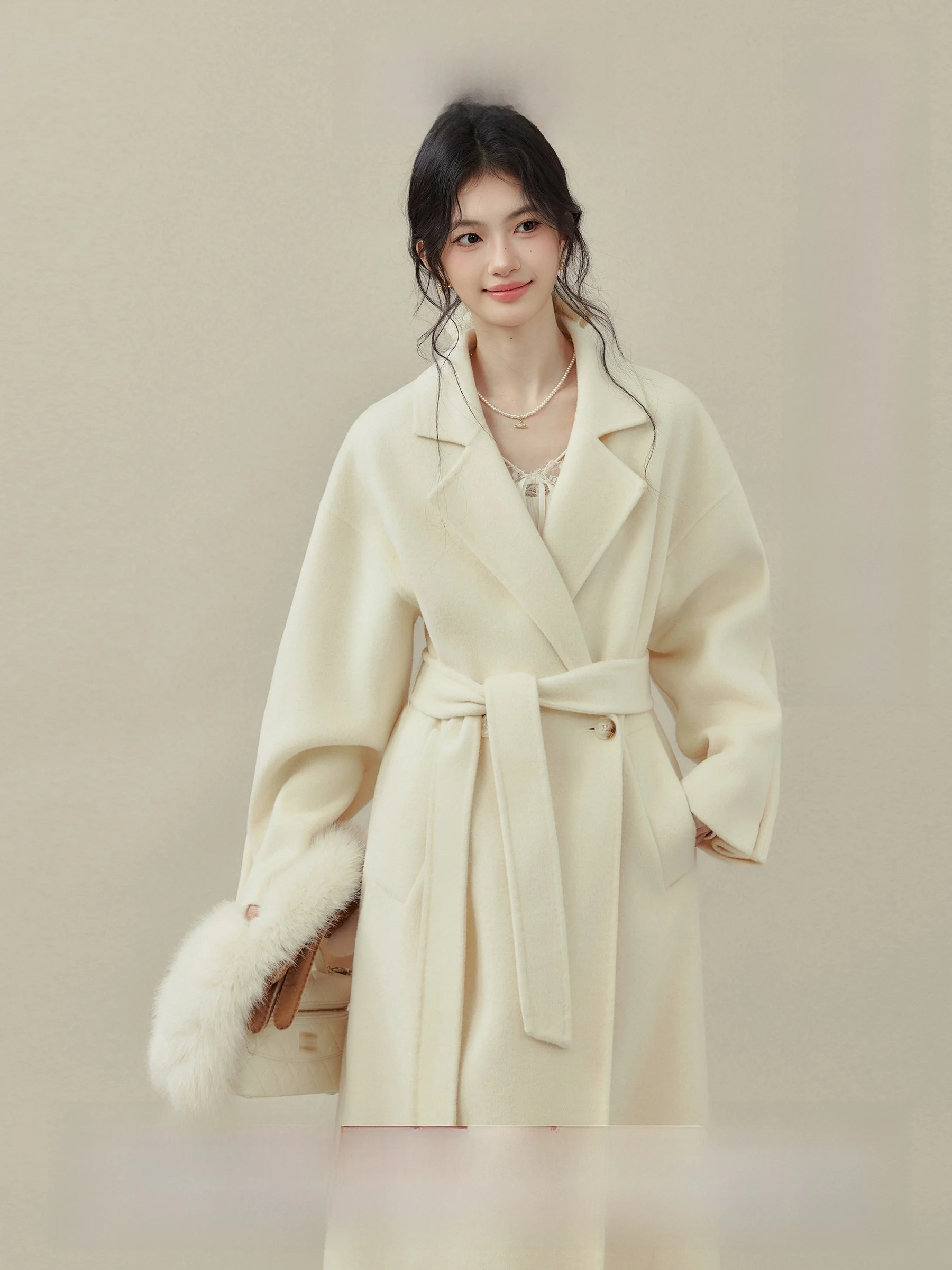 

Длинное свободное шерстяное пальто с поясом от Wang Xuan, осенне-зимняя модная верхняя одежда для молодых женщин, Ele Sle