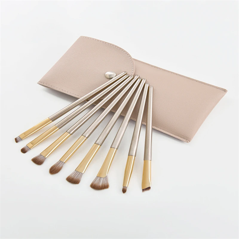 8 pcs/set Super soft good resilience Non-floating powder Champagne colors makeup brush set with leather Makeup bag