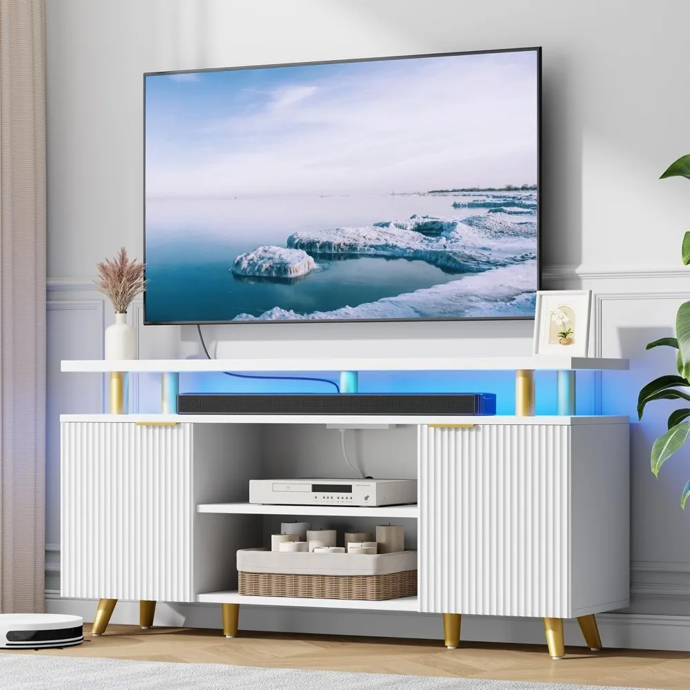 

TV Stand for 60/65/70 Inch TV, Modern Entertainment Center with Storage, Open Shelves, Power Outlets, LED Lights, Wooden