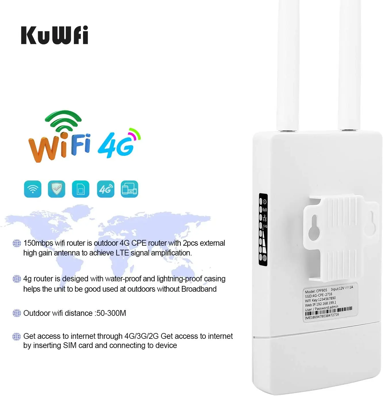 KuWFi Outdoor 4G LTE  WiFi Router CAT4 300Mbps Wireless Router with Sim Card Waterproof Home Hotspot RJ45 WAN LAN WIFI Coverage