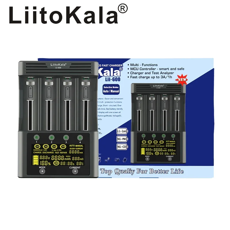 LiitoKala lii-600 LCD 3.7V/1.2V AA/AAA 18650/26650/16340/14500/10440/18500 Battery Charger with screen+12V5A adapter