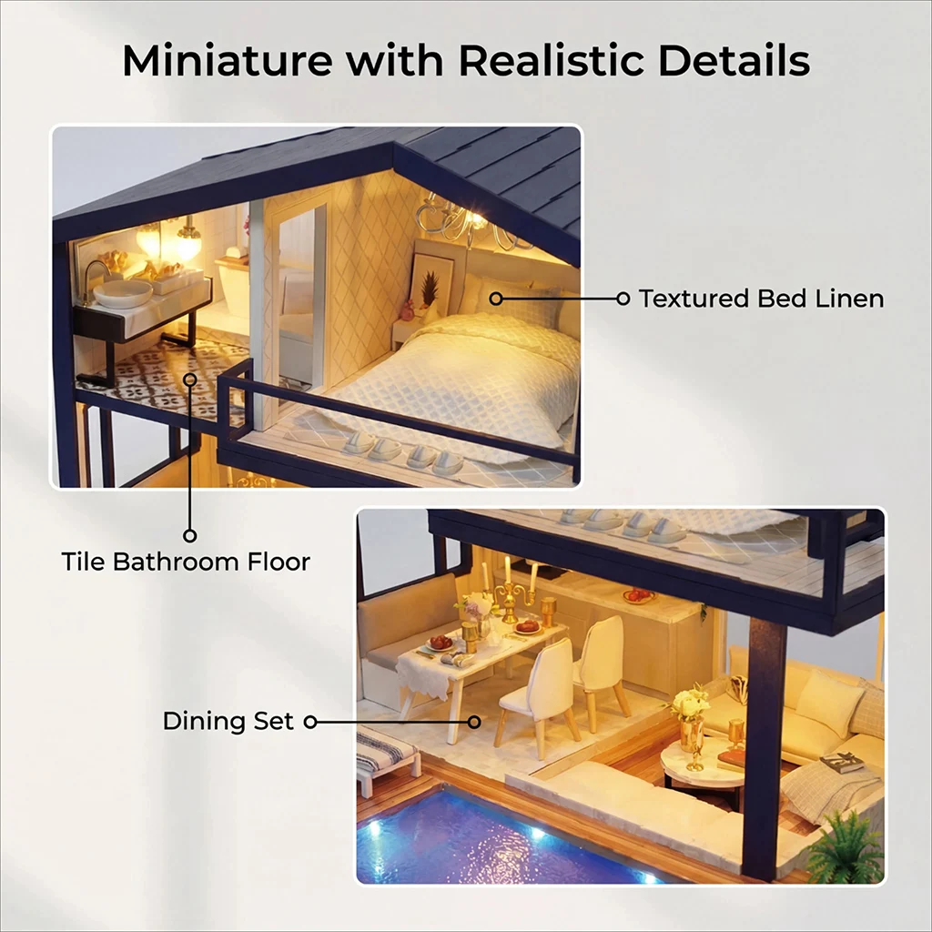 OUZEY Kit modello in legno per casa delle bambole con appartamento temporale fai-da-te, oltre 14 set di costruzione di ville creative, regalo di compleanno educativo per adulti e adolescenti