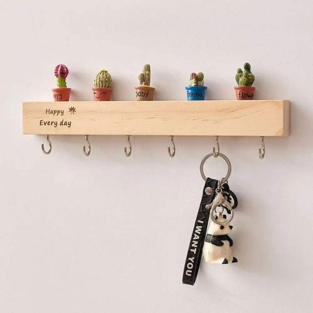 

Solid Wood Key Storage Rack 6 Hooks Punch-Free Hat Storage Hook Three-Dimensional Design Vintage Style Coat Hanger Entrance Hall