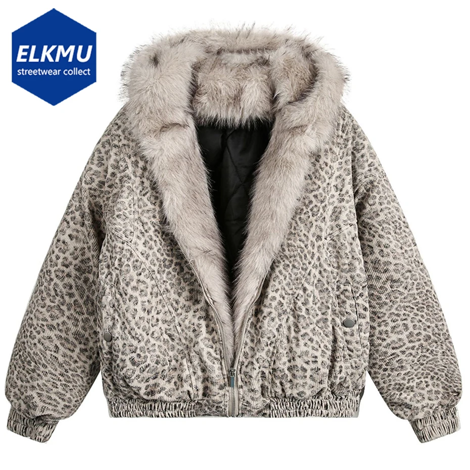 

Winter Jackets Men Fur Collar Thicken Warm Parkas Coats Leopard Hooded Padded Jackets Vintage Oversized Man Jackets Outwear